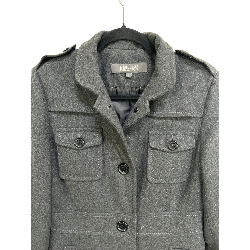Kenneth Cole Reaction Womens Wool Blend Military Coat Gray Size 6 Stand Collar - Picture 5 of 8